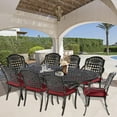 thumbnail image 7 of 9-Piece Patio Cast Aluminum Dining Set, 8 Person Outdoor Dining Furniture Set, includes 84" Oval Table and 8 Cushioned Chairs with Umbrella Hole for Patio Deck Garden, Red, 7 of 7