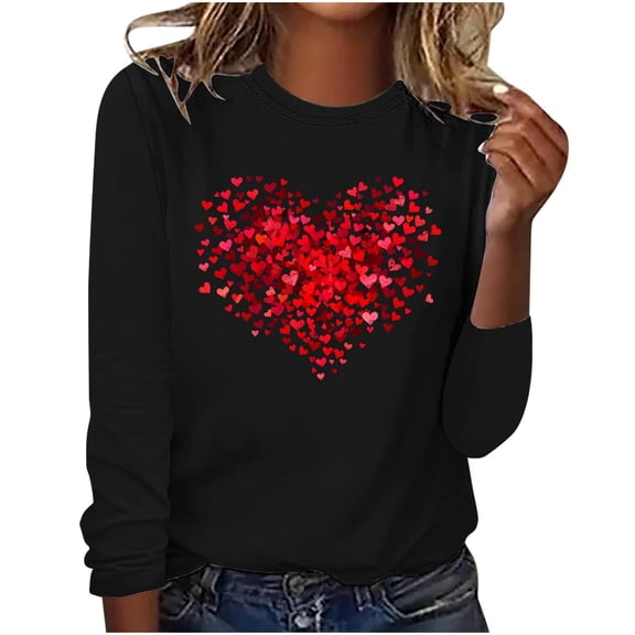 Guluxicc Women's Shirts Casual Crewneck Long Sleeve Valentine's Day Tops Trendy Fashion Graphic Pullover Shirts, Black, S