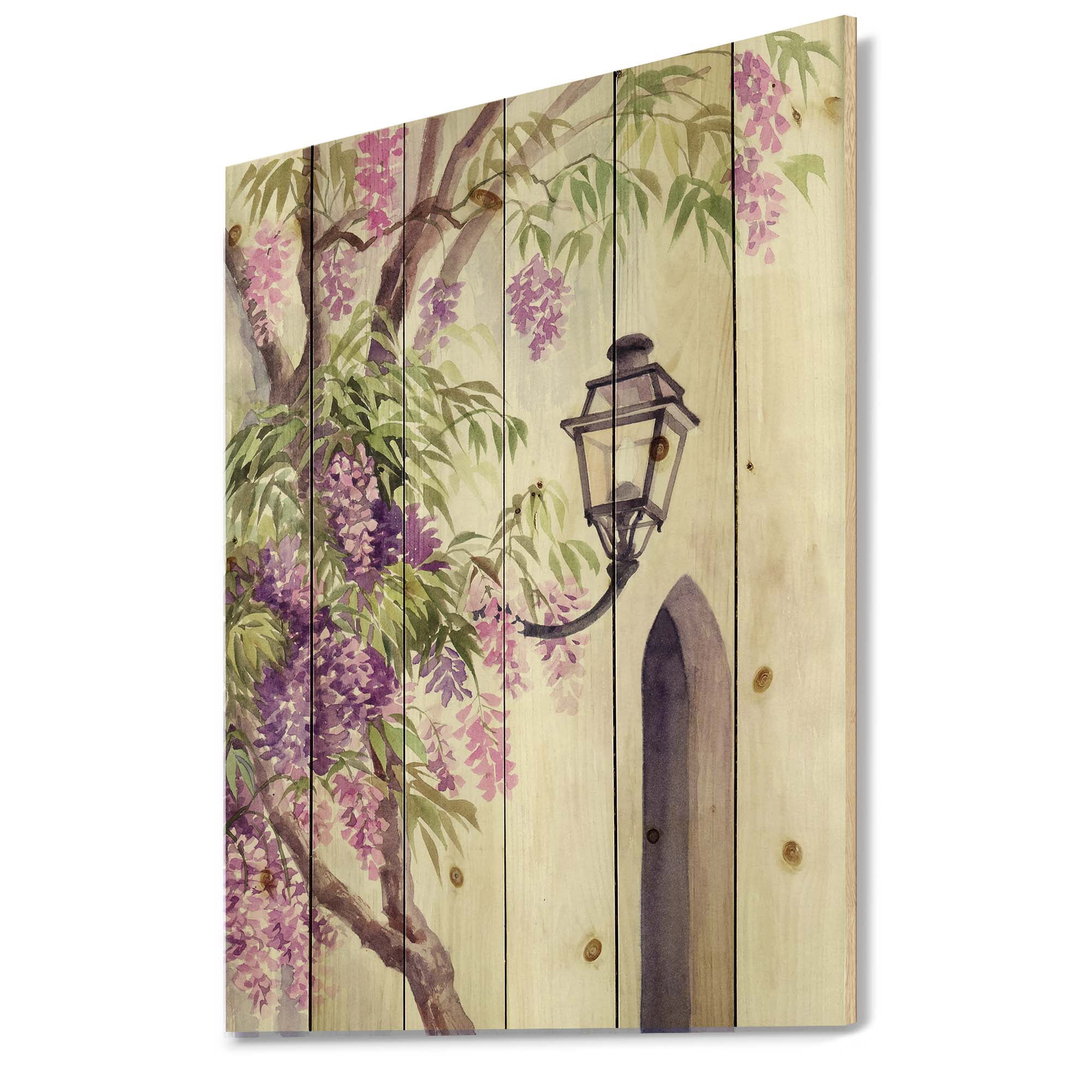Designart 'Lantern and Wisteria' Traditional Print on Natural Pine Wood