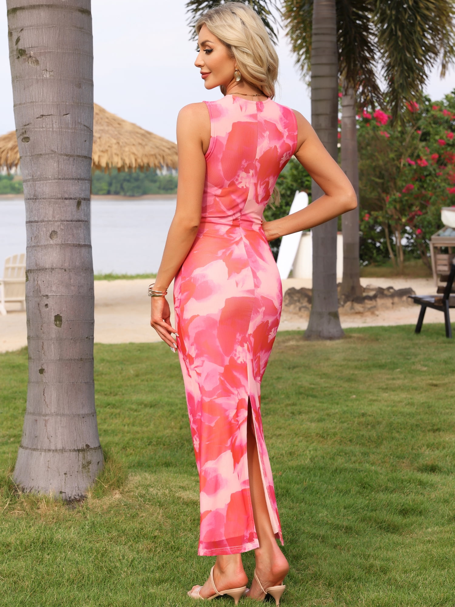 DARING DIVA Women's Elegant Floral Sleeveless Ruched Maxi Dress XL Pink