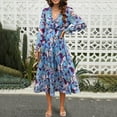 thumbnail image 2 of Floral Dress for Women Long Sleeve V Neck Tie Waist A-Line Midi Dress Casual Fall Boho Chiffon Flowing Dresses, 2 of 6