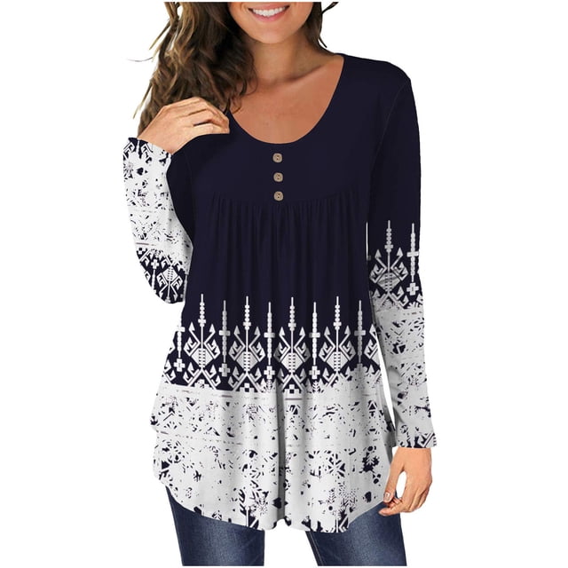 Chemise à Manches Longues Femme Chemise Décontractée à Manches Longues à Boutons Ouverts Col Rond Coupe Ample Tunique Plissée Chemisier Hauts à Manches Longues Chemises à Manches Longues Tunique Longue pour Femmes Hauts à Manches Longues