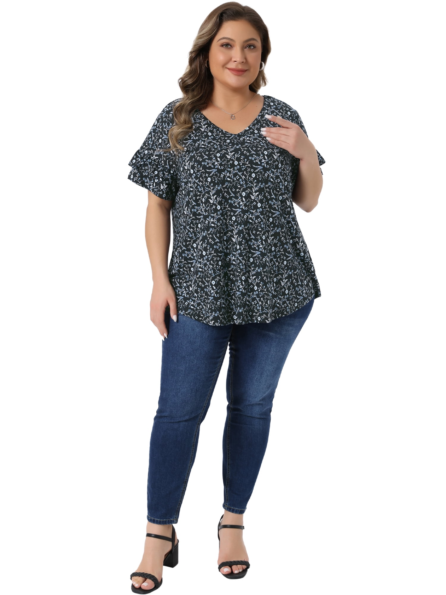 Women's Plus Summer Tops V Neck Ruffle Sleeve Floral Casual Blouses 1X Black