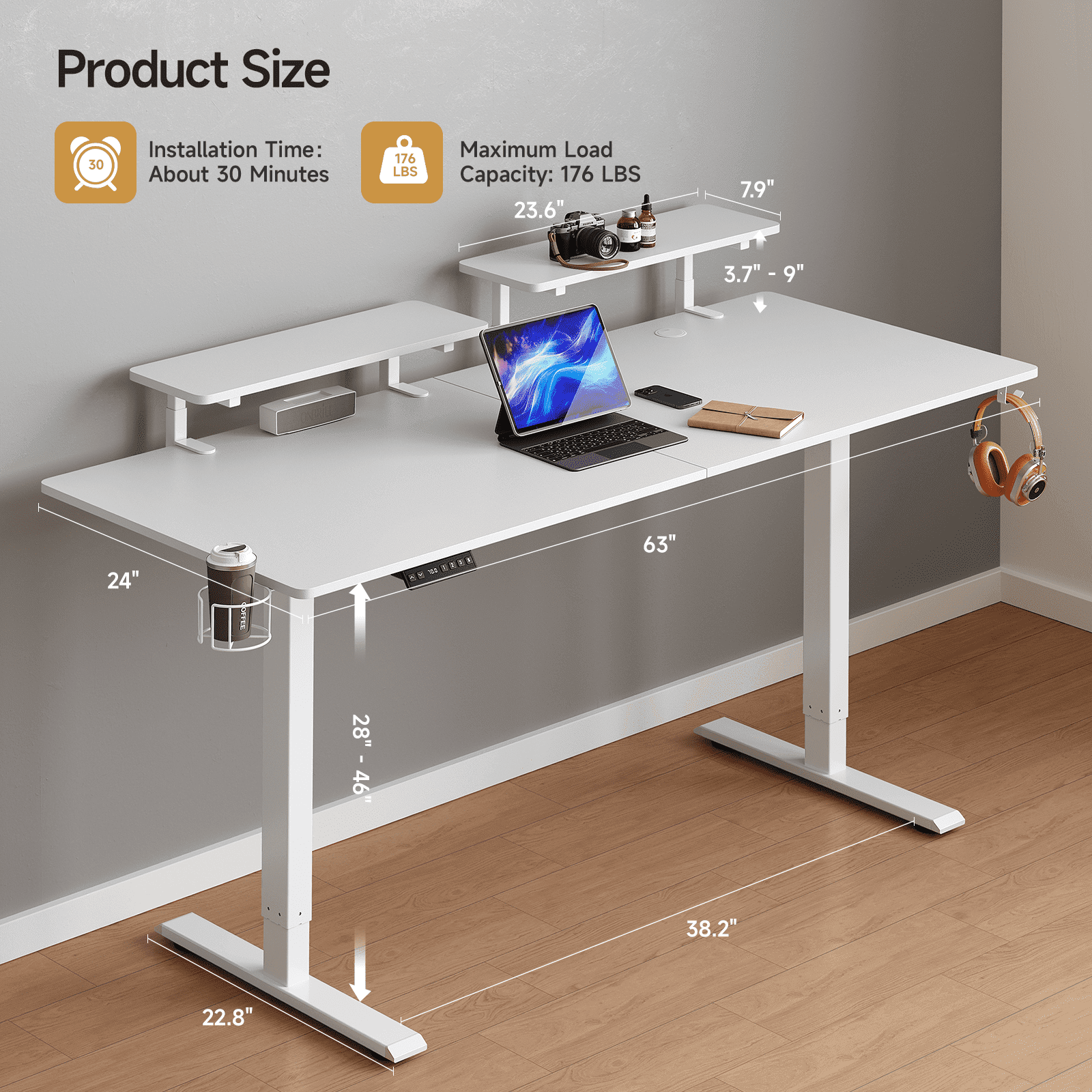 63 x 24 Inches Standing Desk with 2 Adjustable Monitor Shelves,  Electric Stand Up Desk Adjustable Height from 28-46 inches for Home and Office, White