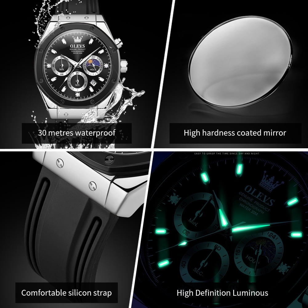 OLEVS Watches for Men Chronograph Waterproof Luxury Dress Quartz Silicon Strap Multifunction Moon Phase Business Calendar Luminous Men Wrist Watches Reloj Para Hombre Gray/Black/White
