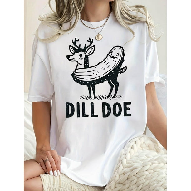 1pc Women'S Casual Round Neck Short Sleeve T-Shirt with Creative Dill Doe Print, Fashionable animal Pattern, Cotton Knit Fabric, Comfortable Summer Top for all Seasons
