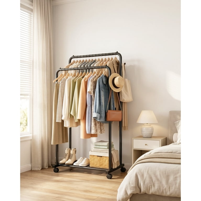 Sakugi Clothes Rack, Double-Rod Garment Rack with Hooks, Mesh