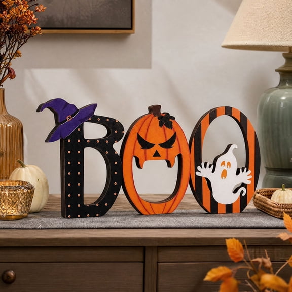 Halloween Decoration Indoor Clearance Under $15.00! Halloween Wooden Sign Set Of 3 Tiered Tray Decor Witch Hat Pumpkin Ghost Letter Tabletop Ornaments Spooky Indoor Shelf Decor For Halloween Part