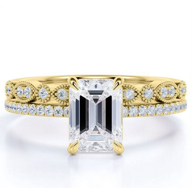 JeenMata Juego de Boda con Filigrana Art Déco Milgrain Corte Esmeralda de 1,5 Quilates, Engaste en Garras, Baño de Oro Amarillo de 18 K sobre Plata