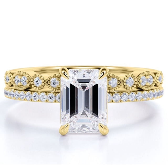 JeenMata Juego de Boda con Filigrana Art Déco Milgrain Corte Esmeralda de 1,5 Quilates, Engaste en Garras, Baño de Oro Amarillo de 18 K sobre Plata