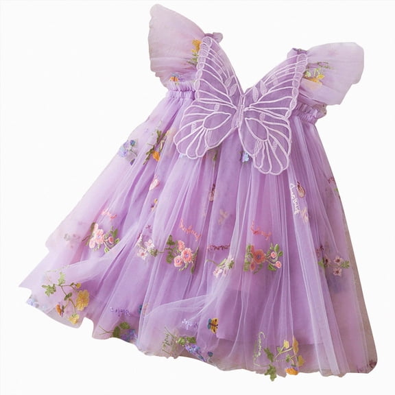 Xudanell Baby Girls Tulle Tutu Dress Toddler Butterfly Back Lace Dresses Wedding Birthday Photoshoot Gowns 6M-5T (Purple, 3-4 Years)