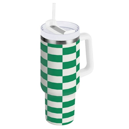 

40oz Travel Mug with Straw Car Bottle Insulated Mug with Handle Reusable Stainless Steel Water Bottle for Car Travel Home Green White Plaid