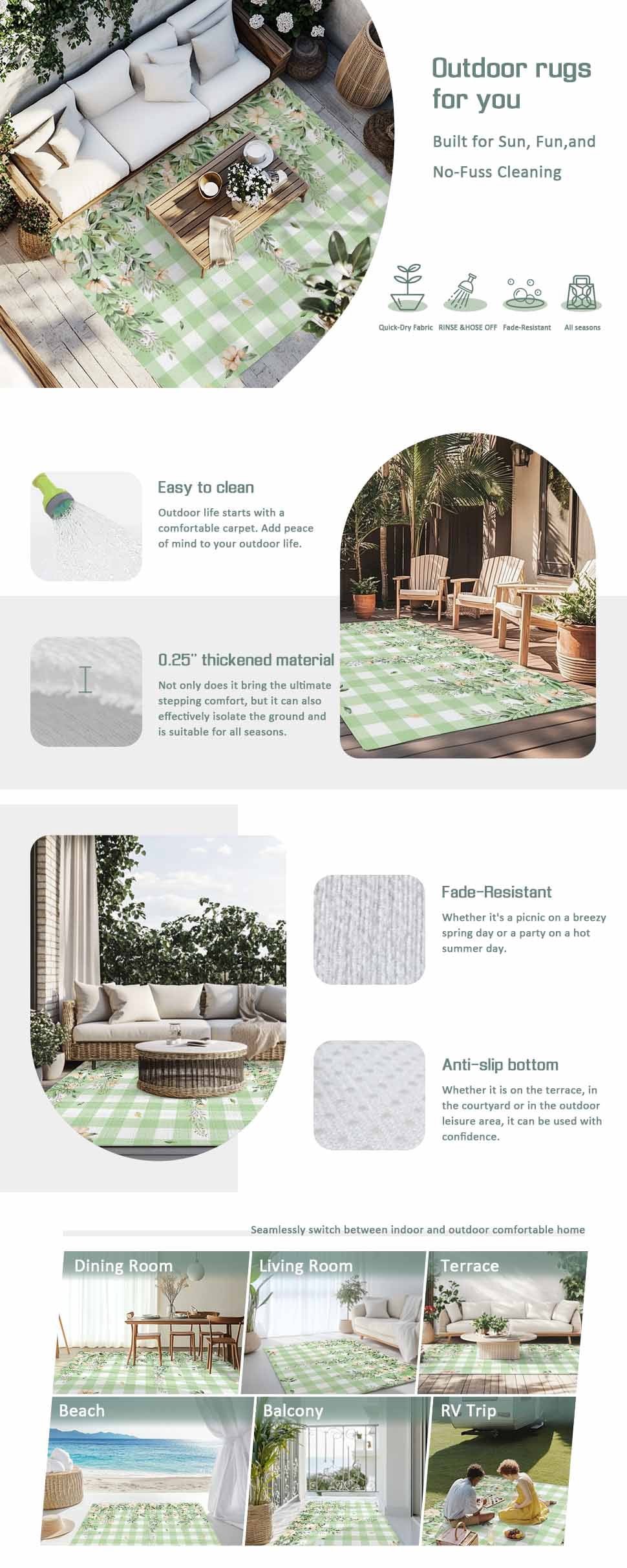 Watercolor Floral Outdoor Rug for Patio/Deck/Porch, Non-Slip Large Area Rug 5 x 7 Ft, Spring Flowers Leaves Botanical Green Plaid Indoor Outdoor Rugs Washable Area Rugs, Camping Rug Carpet Runner