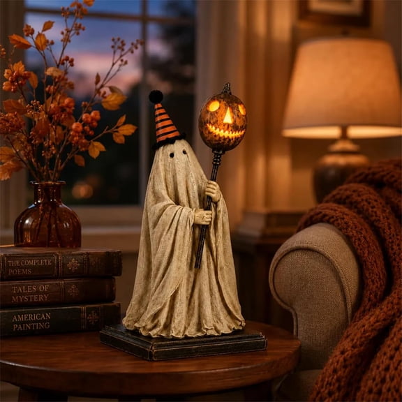 Halloween Vintage Lighted Ghost Figurine with Pumpkin Staff, Resin Ghost Statue, Warm Amber Glow Jack O Lantern Ghost Decor for Tabletop Mantel Shelf Home Halloween Decorations