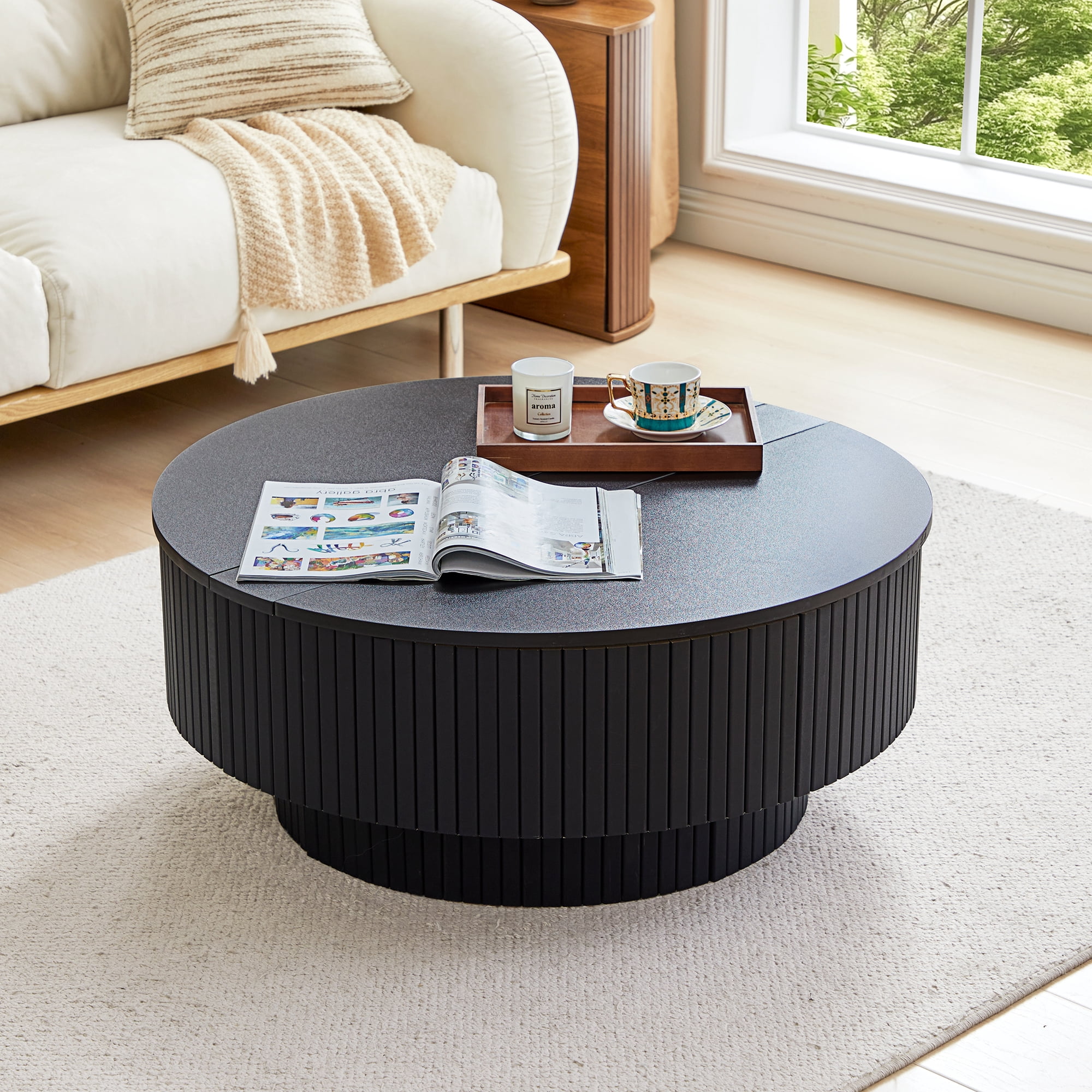 PHOYAL 4 in 1 Fluted Round Coffee Table with Flip Top and Lift Top, Round Coffee Table with Hidden Compartments Storage for Living Room, Black