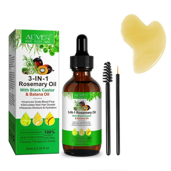 Aliver 3-in-1 Mixed Hair Oil(Rosemary Oil & Black Castor & Batana Oil),with Guasha Massage Tool,Nourishing Hair,for Hair Body Nails,2.02 fl.oz