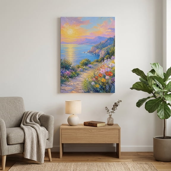 Canvas Wall Art Sunset Glow Canvas Art Print Summer Yellow Pink Sunset Flower Path Oil Painting Style Pictures Wall Decor for Living Room Artwork Decorations Stretched Framed Ready to Hang 22"x28"
