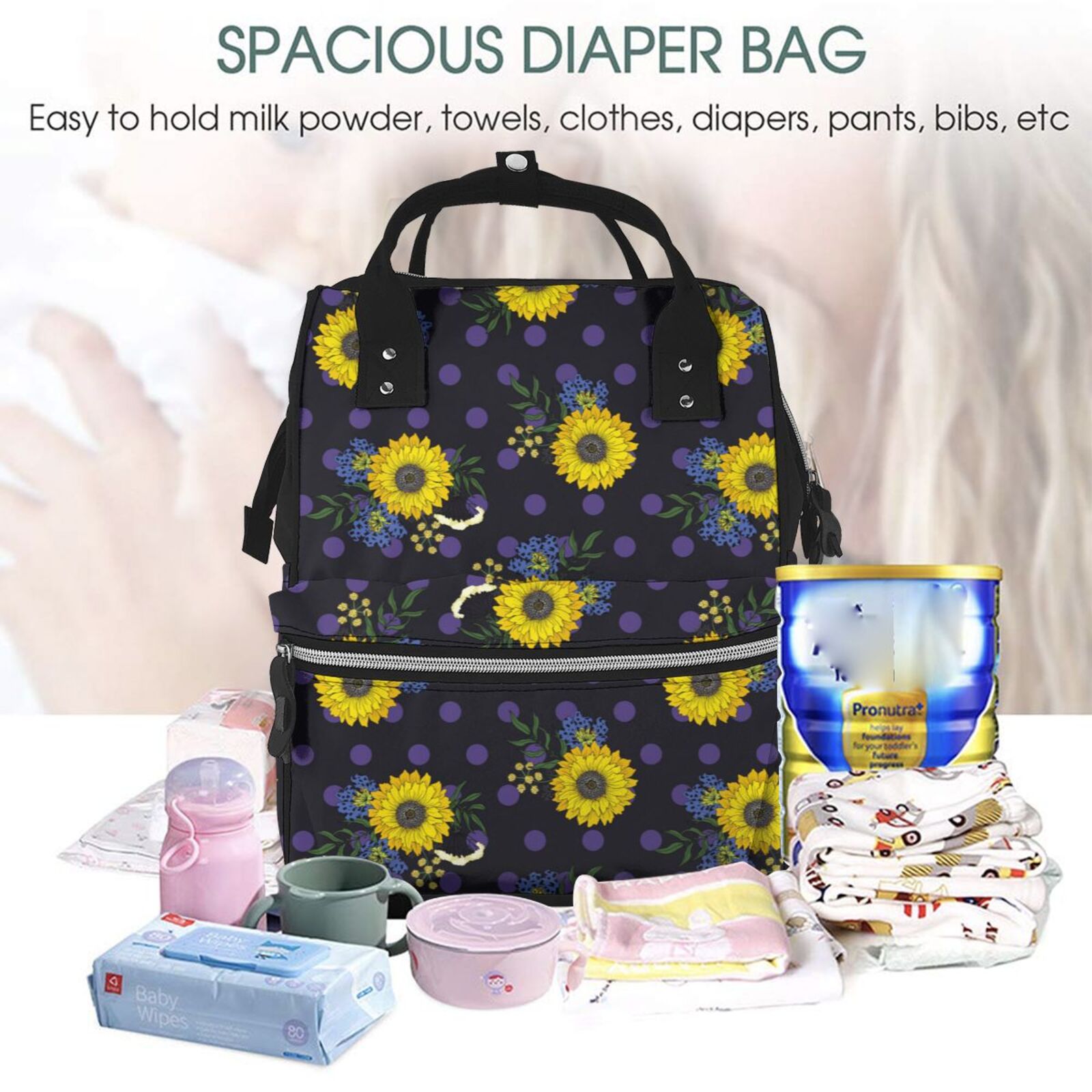 Fuzoiu Sunflowers Print Diaper Bag Backpack,Baby Essentials Travel Tote,Multi function Waterproof Diaper Bag, Travel Essentials Baby Bag - Unisex