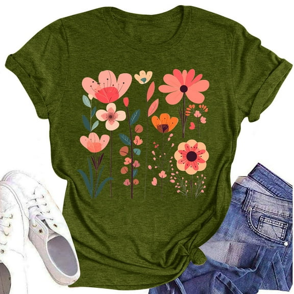 NAMTYQX Tshirts Shirts for Women Graphic Breathable Light Patterns Crew-Neck Short Sleeve Bedrucken Trending Looses Plus Size Summer Tops for Women 2025 Army Green Size L