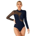 thumbnail image 2 of inhzoy Rhinestones Gymnastics Leotard for Women Mesh Splice Ballet Dance Bodysuit Figure Ice Skating Dance Costume Navy Blue S, 2 of 9