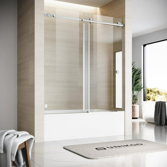 UKS09-Frameless Single Sliding Shower Door for Bathtub with SGCC Certified Tempered Glass, 56”-60” Width, 66" Height, Effortless Movement, EnduroShield Coated