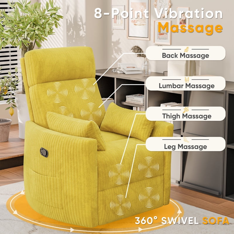 Homall 360° Swivel Nursery Recliner Power Swivel Rocker Recliner Chairwith 2 Pillows Comfy High Back Adult Glider Rocker for Living Room,Corduroy Yellow