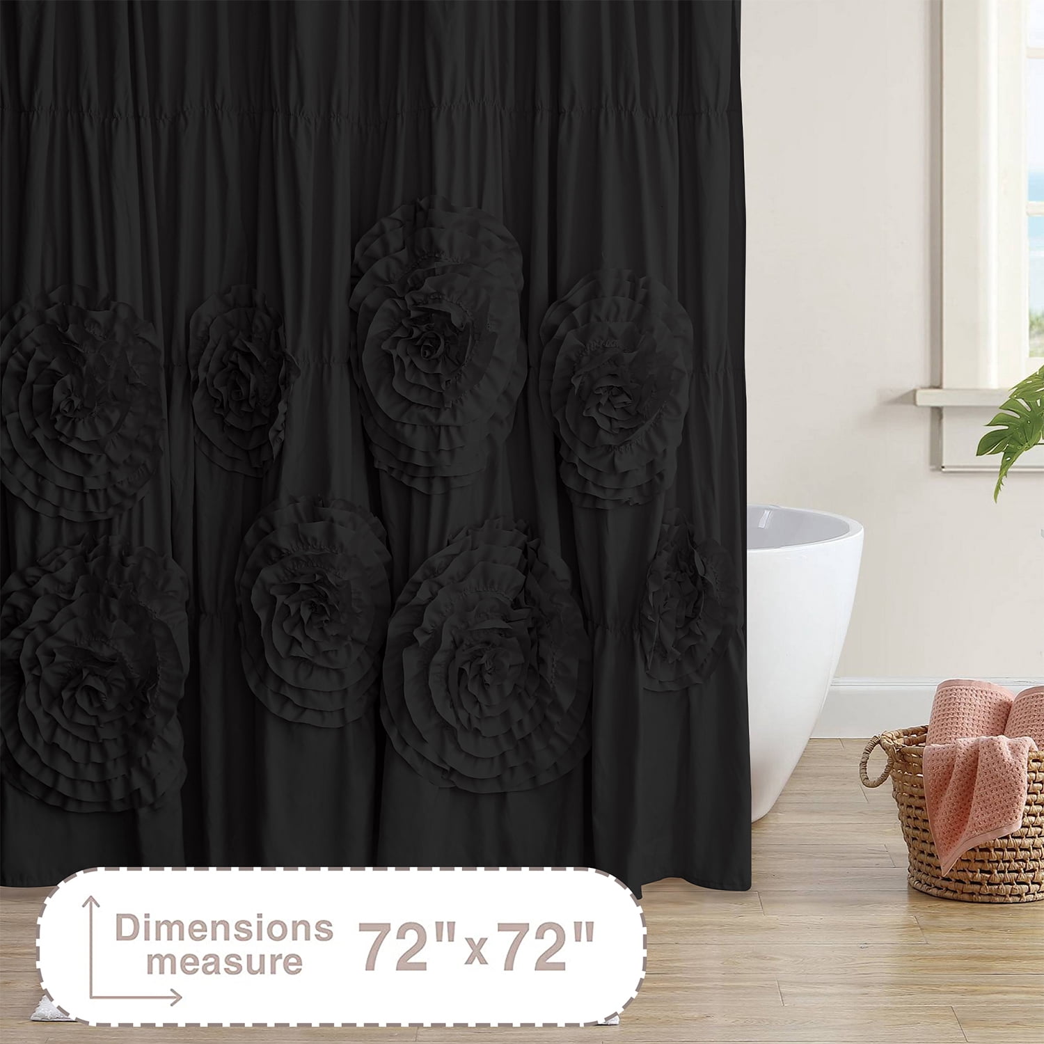 HIG Boho Ruffled Shower Curtain - Oversized Floral Print, Heavy Fabric with Elegant Draping for Bathroom, 72"x72", Black