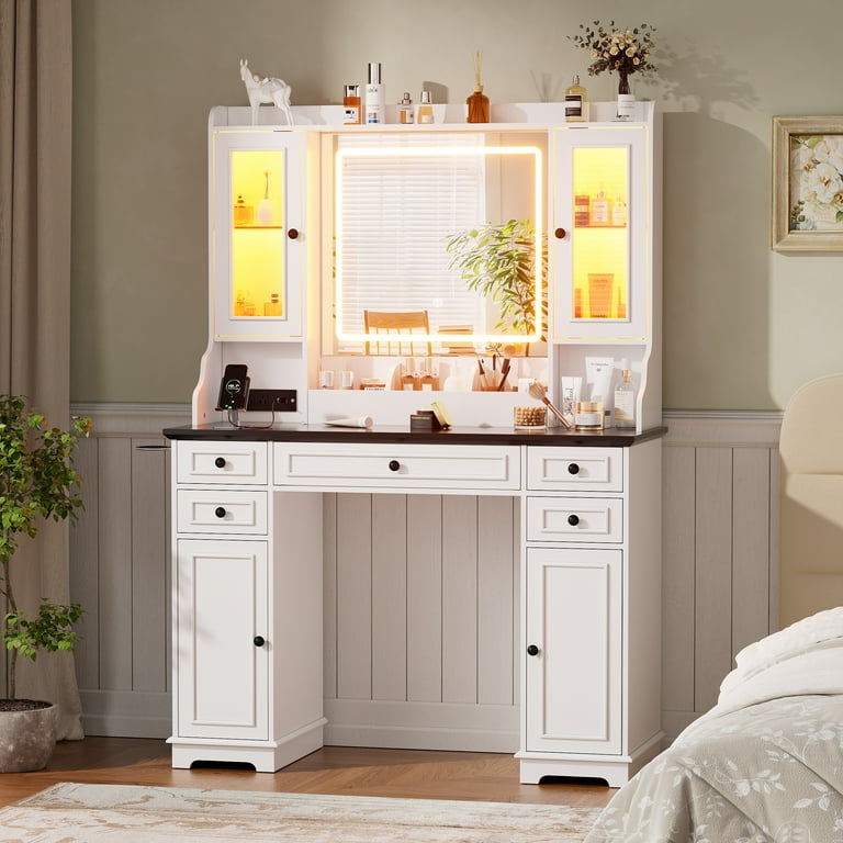 TZUTOGETHER White Corner Vanity Set with Lighted Mirror, Makeup