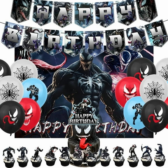 Venom Birthday Party Supplies -Included Banner, cupcake toppers , backdrop and Balloons Banner for Venom Cartoon Themed Party Decorations
