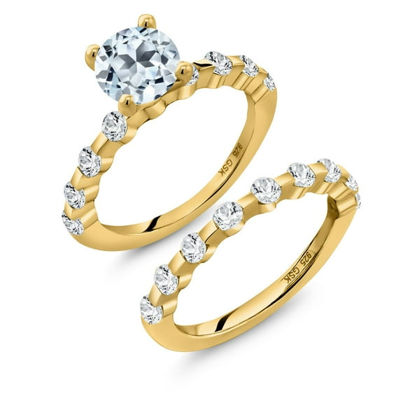 Gem Stone King 18K Yellow Gold Plated Silver Sky Blue Topaz and White Topaz Wedding Engagement Ring Band Bridal Set for Women (3.06 Cttw, Gemstone November Birthstone, Round 7MM, Size 8)