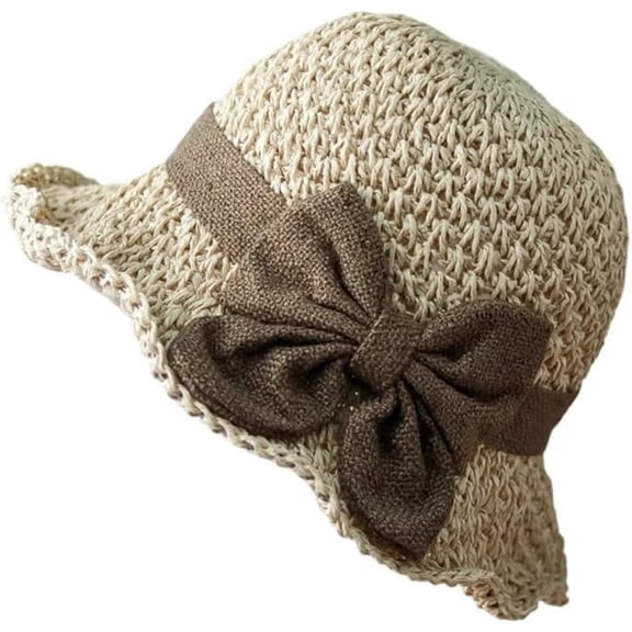 Elegant Woven Straw Sun Hat with Bow Summer Beach Sun Straw Hats for Women Wide Brim Packable Travel Bucket Hats