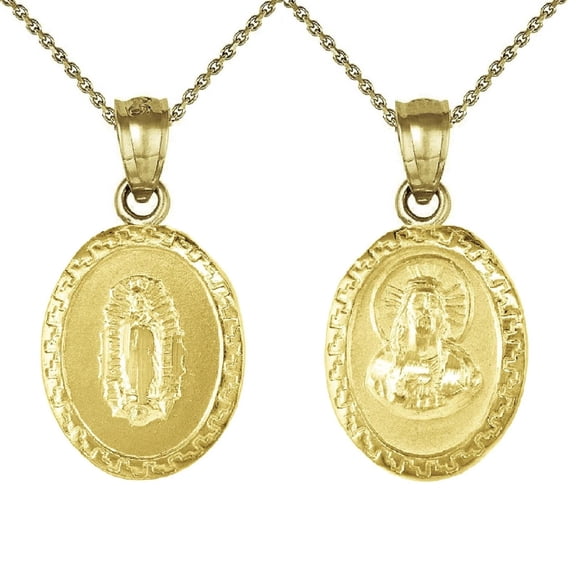 925 Sterling Silver Yellow Gold Plated 1mm Cable Chain Necklace w/ Guadalupe & Sacred Heart of Jesus 2-sided Pendant Charm