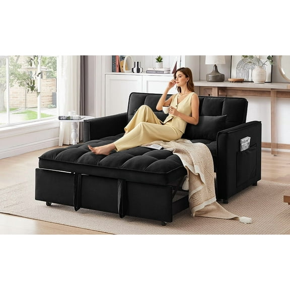 55-inch 3-in-1 convertible sofa bed, modern velvet double sofa Futon sofa bed with adjustable back, storage bag and pillow, for living room, bedroom