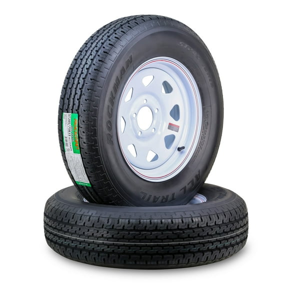 ROCKMAN Trailer Tire Wheel Assembly ST205/75R15 8-Ply D 107M 5 Lug on 5" PCD White Spoke Rim ,SET 2