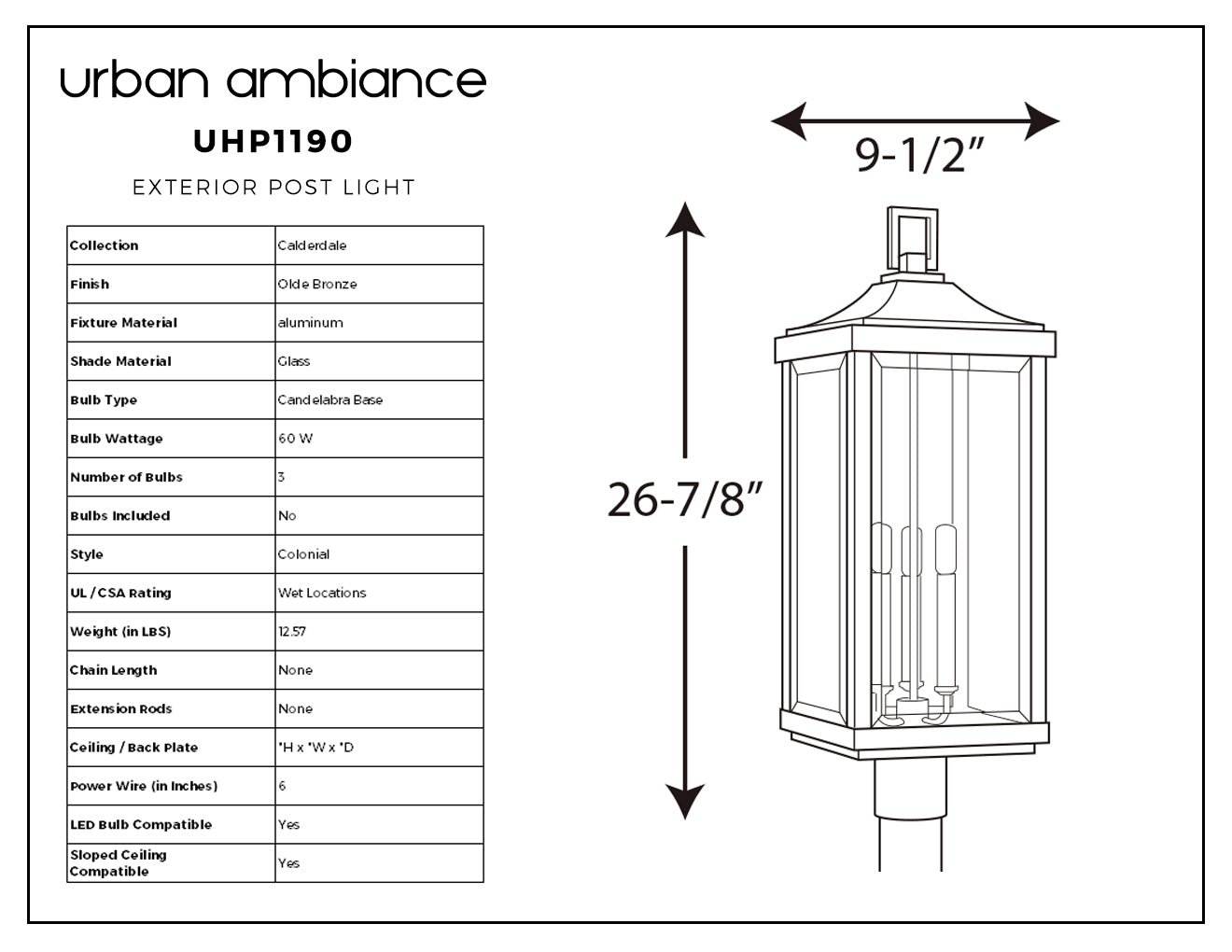 Luxury Colonial Outdoor Post Light, 26.875''H x 9.5''W, with Modern Farmhouse Style Elements, Posh Design, Olde Bronze Finish and Glass, UHP1190
