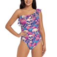 thumbnail image 2 of Picia white Skull blue flower Pattern Women's One Piece Swimsuits,One Shoulder Swimwear Asymmetric ,Ruffle Monokinis Bathing Suits,High Waisted Flattering Bathing Suits-XX-Large, 2 of 8
