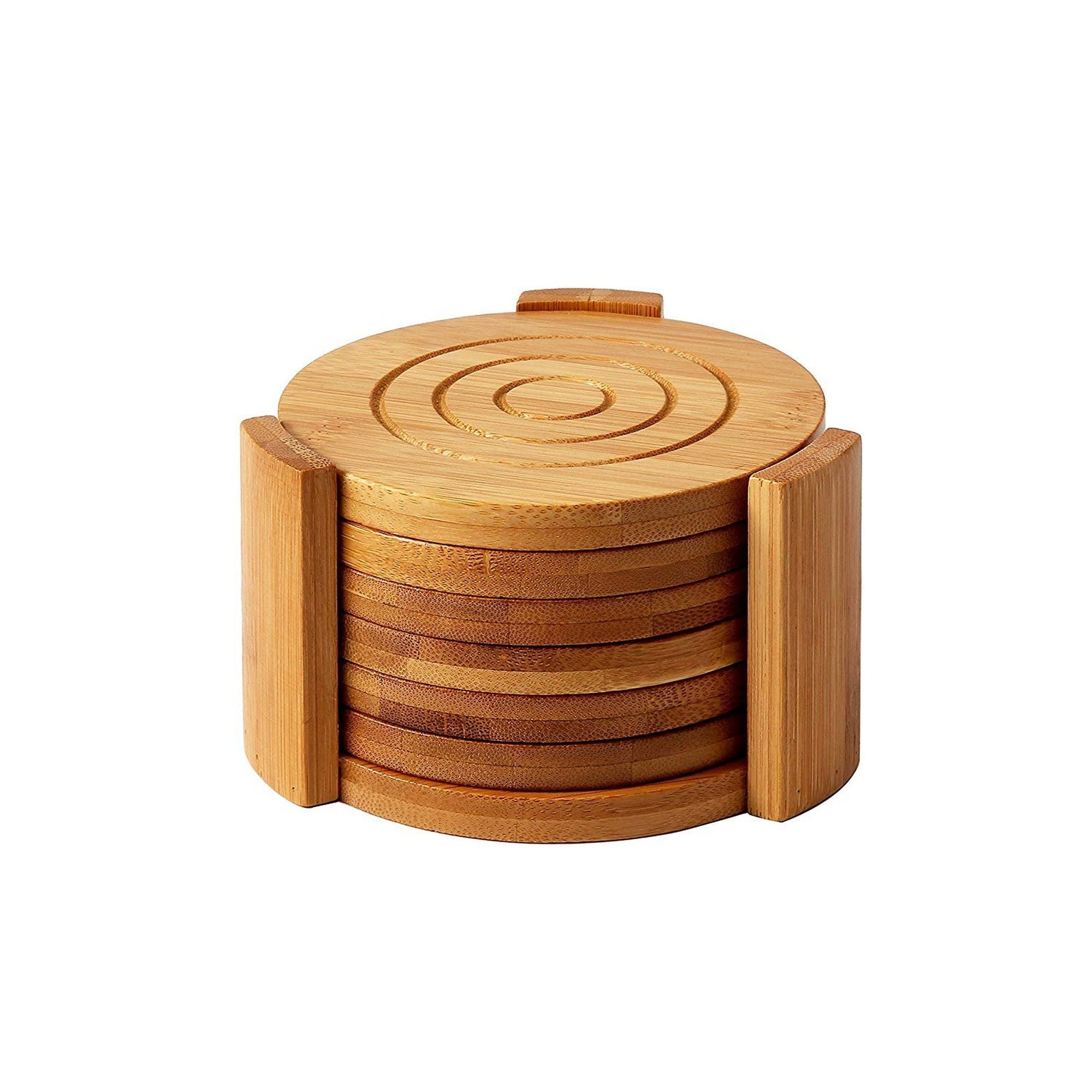 Bamboo Coasters 6Pack Set Absorbent and Condensation Wooden Coasters with Holder Round Cup