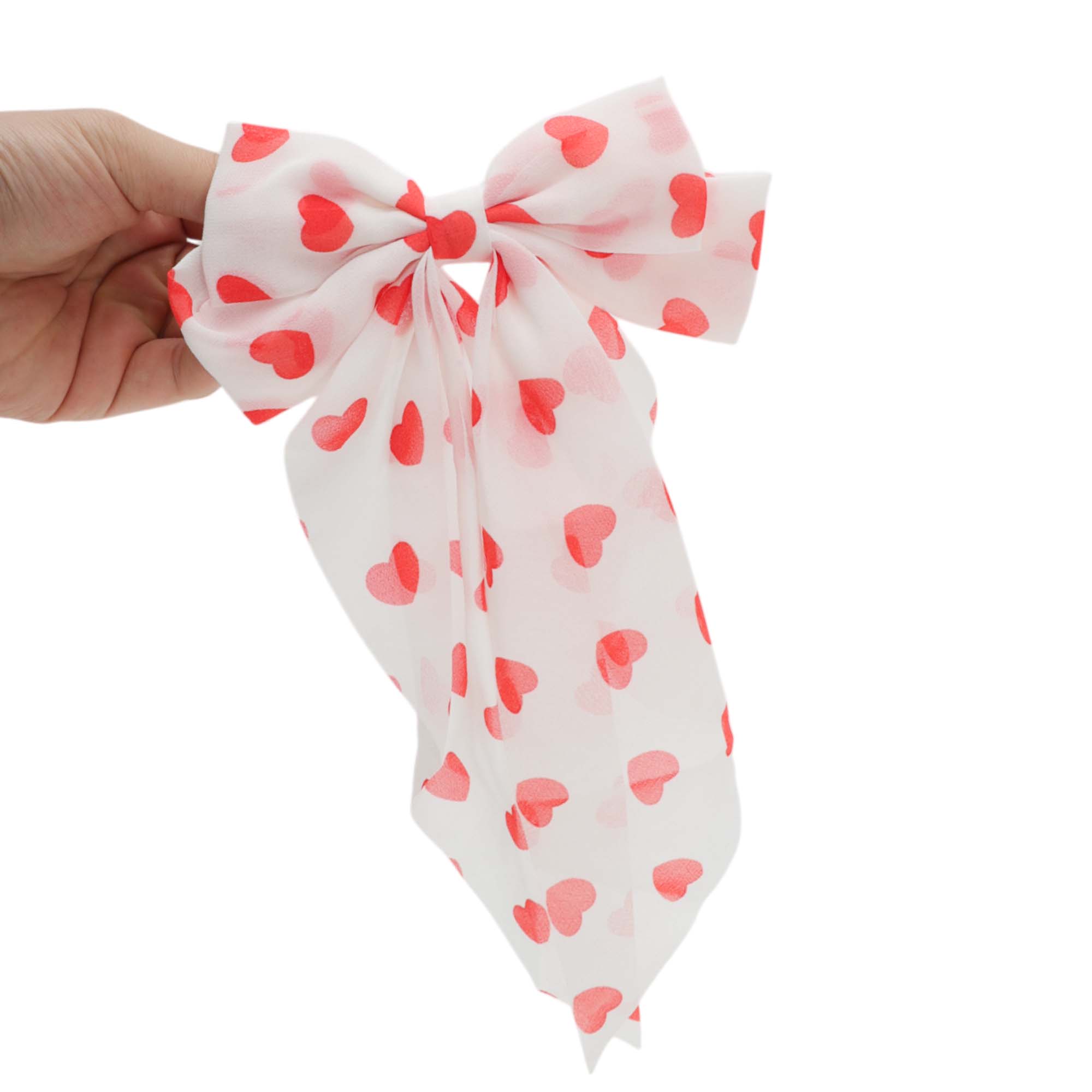 Unique Bargains Cute Heart Shaped Printed Bow Ribbon Spring Hair Clips Dark Red White Pink 3 Pcs