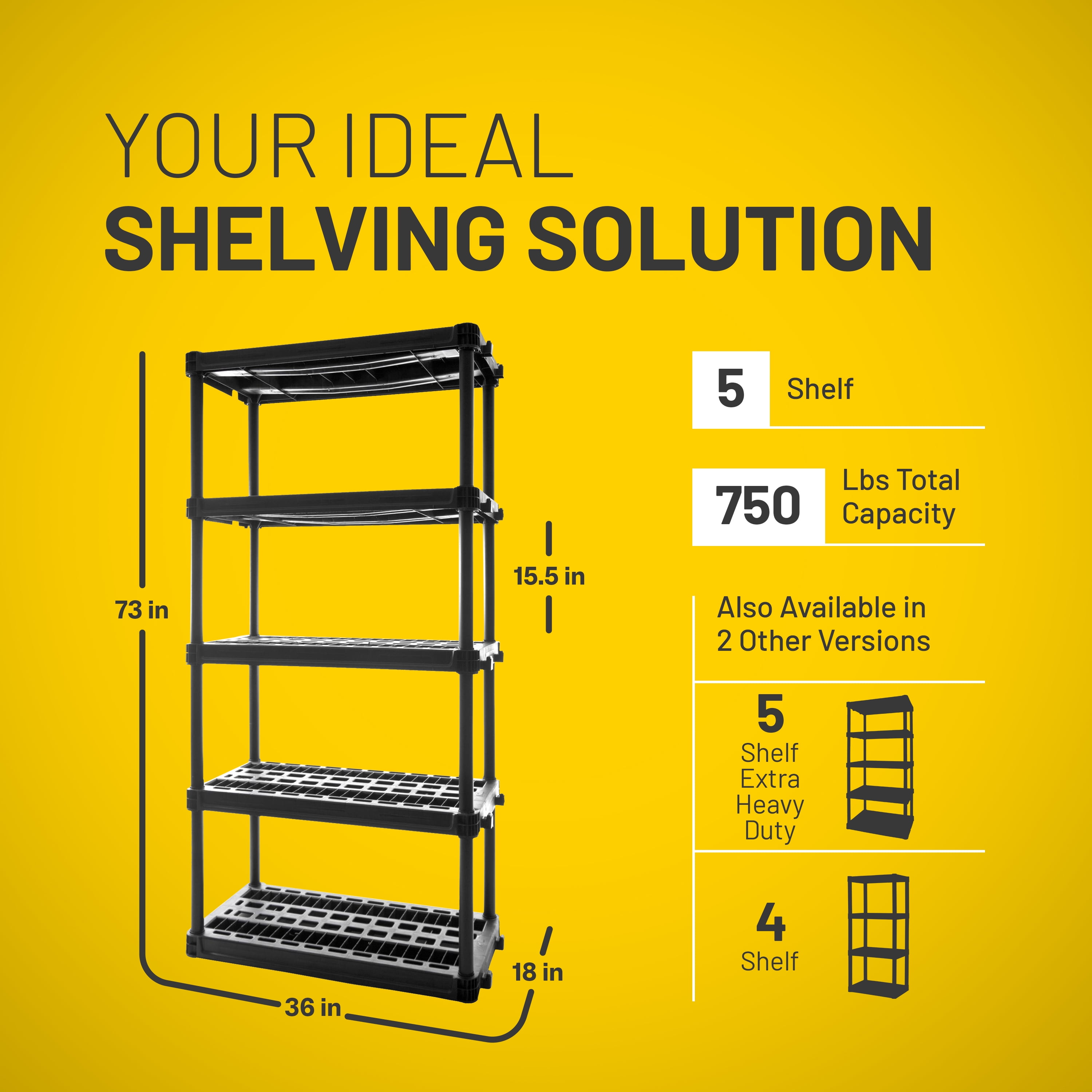 Plano 5-Shelf Heavy Duty Plastic Storage Shelves, 73” x 36” x 18”, 750lb Capacity