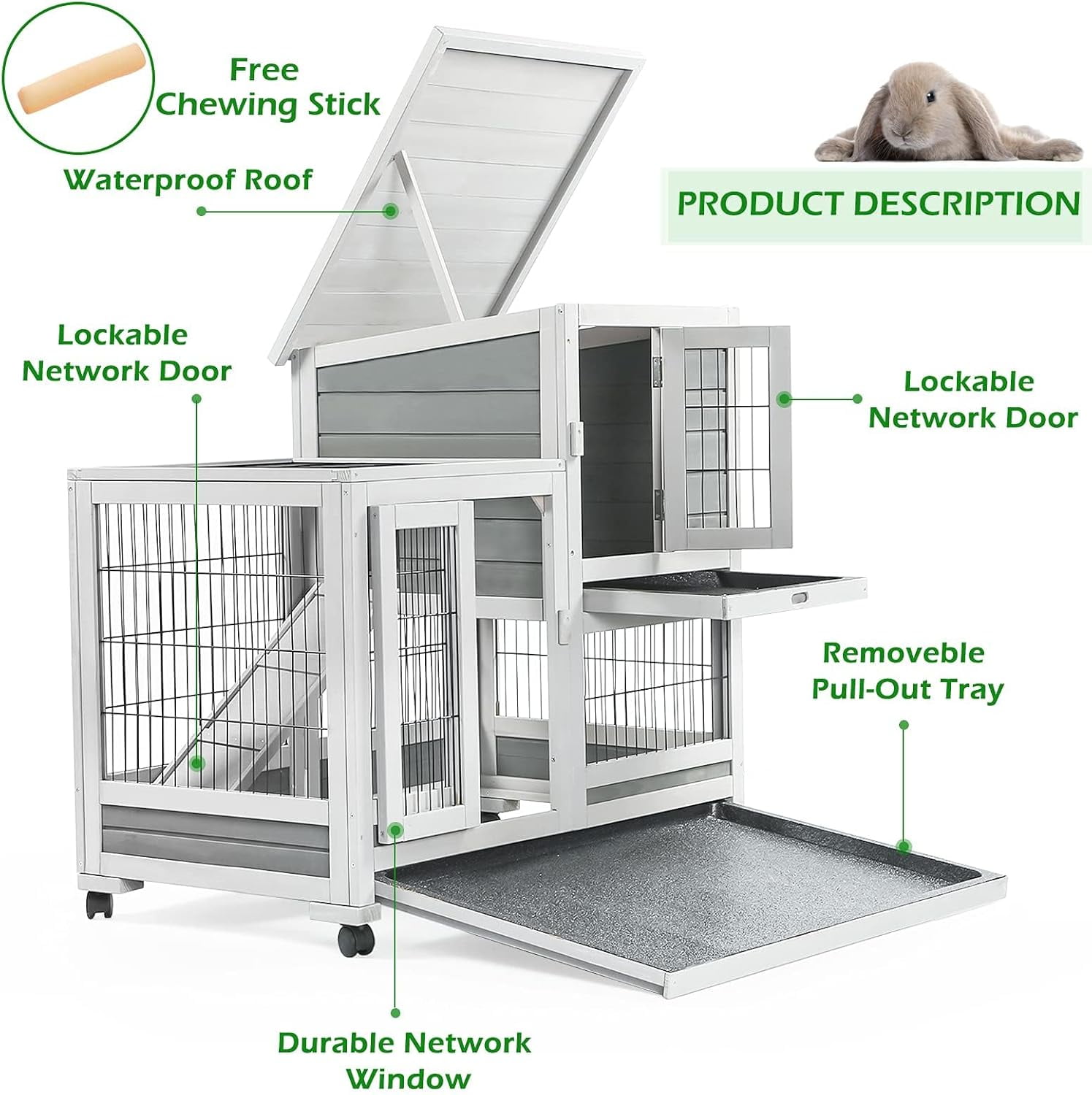 Esright Rabbit Hutch Pet House for Small Animals 37 inches Guinea Pig Cages with Run Bunny House Indoor Rabbit Cage with 4 Casters Removable No Leak Trays & Ladder