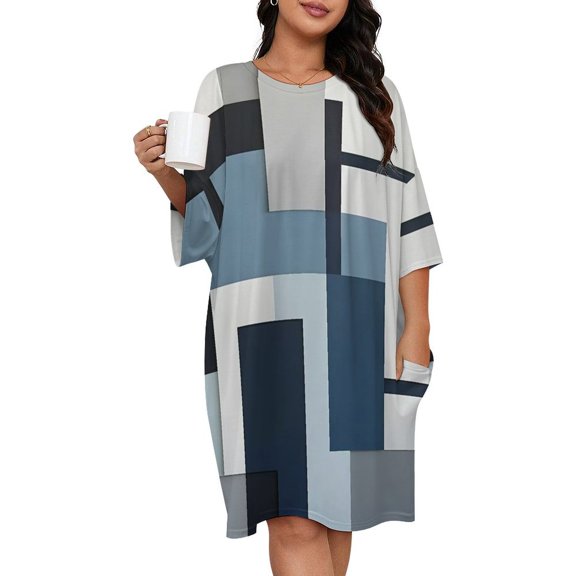 Geometric Modern Art Blue Gray Black White Sleepshirts For Sleeping Travels Loose Sleepdress Pajama Dress Soft Nightdress Sleepwear