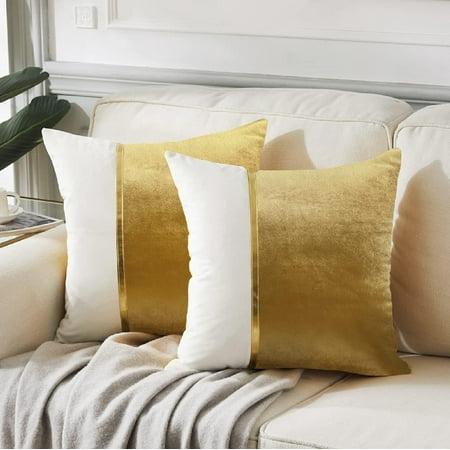 

Fancy Homi 2 Packs Gold Decorative Throw Pillow Covers 16x16 Inch for Living Room Couch Bed Gold and White Velvet Patchwork with Gold Leather Luxury Home Decor Square Cushion Case