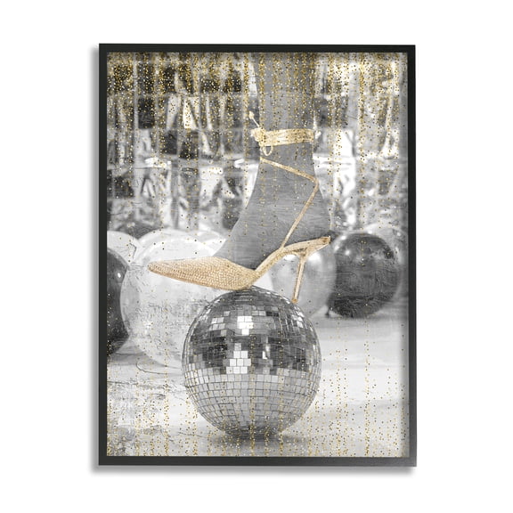 Stupell Industries Glam Heels Disco Ball Performing Arts Painting Black Framed Art Print Wall Art, 11 x 14