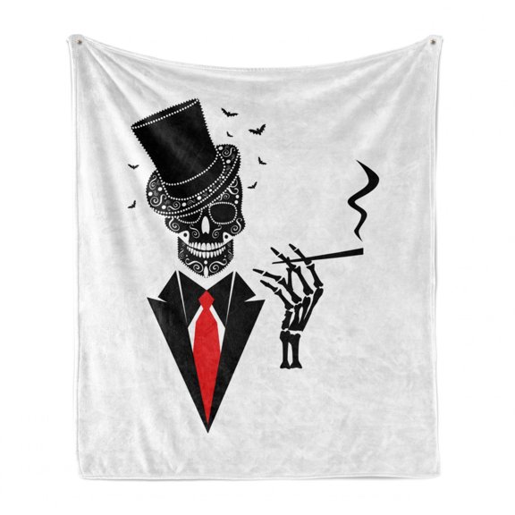 Skull Smoking Soft Flannel Fleece Throw Blanket, Illustration of Human Skeleton Wearing Cylinder Hat Tie and Suite, Cozy Plush for Indoor and Outdoor Use, 50" x 60", White Charcoal Grey, by Ambesonne