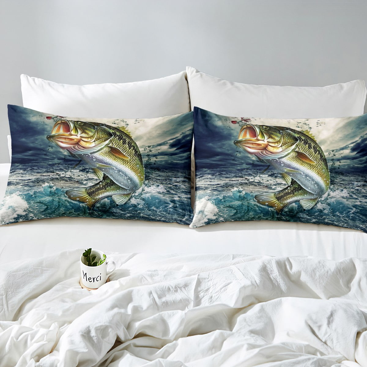 YST Bass Big Fish Comforter Cover Twin Size,Pike Big Fish Bedding Set Eat  Small Fish Duvet Cover For Kids Boys Teen Men Ocean Fishing Bedspread Cover  With Zipper 1 Pillow Case Green Blue 