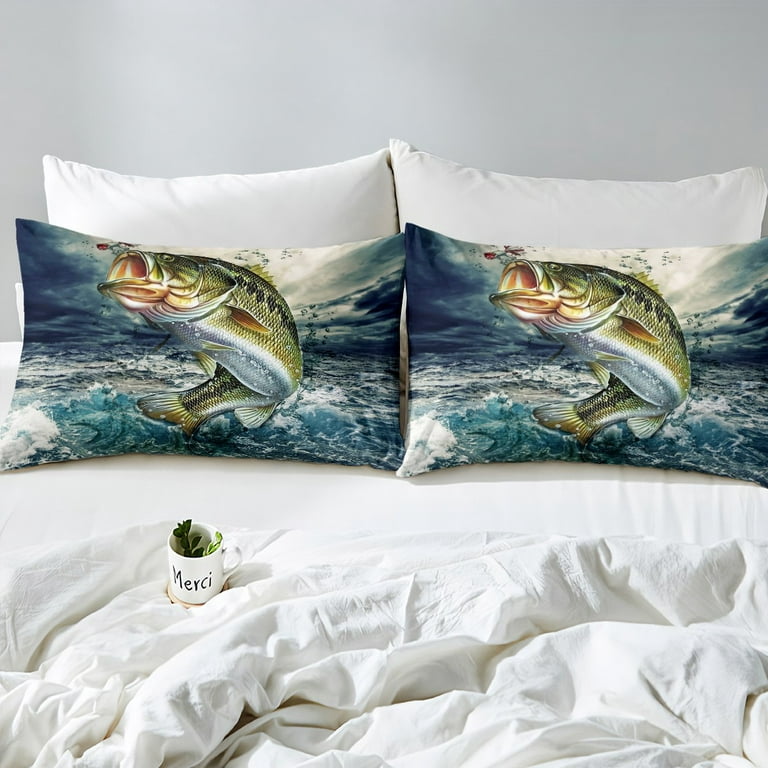 YST Bass Big Fish Comforter Cover Twin Size,Pike Big Fish Bedding Set Eat  Small Fish Duvet Cover For Kids Boys Teen Men Ocean Fishing Bedspread Cover  With Zipper 1 Pillow Case Green