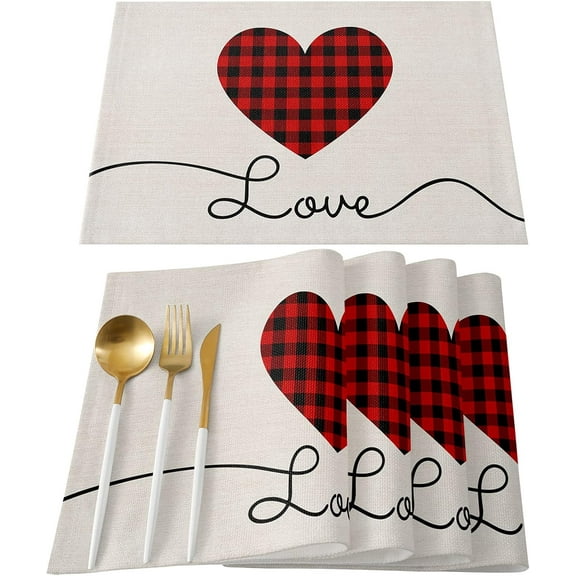 Valentines Placemats Set of 4 Love Heart Placemat Farmhouse Vintage Table Mats Set Black Red Buffalo Check Heat Resistant Non-Slip Washable Placemats Valentines Day Table Decorations