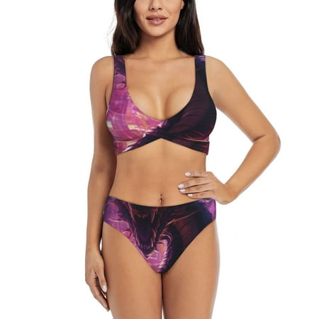 Zeuib Neon Futuristic Dragon High Waisted Tummy Control Bikini Set - Knot Front Push Up Top & Cheeky Thong Bottom  Two-Piece Swimsuit for Women-XX-Large