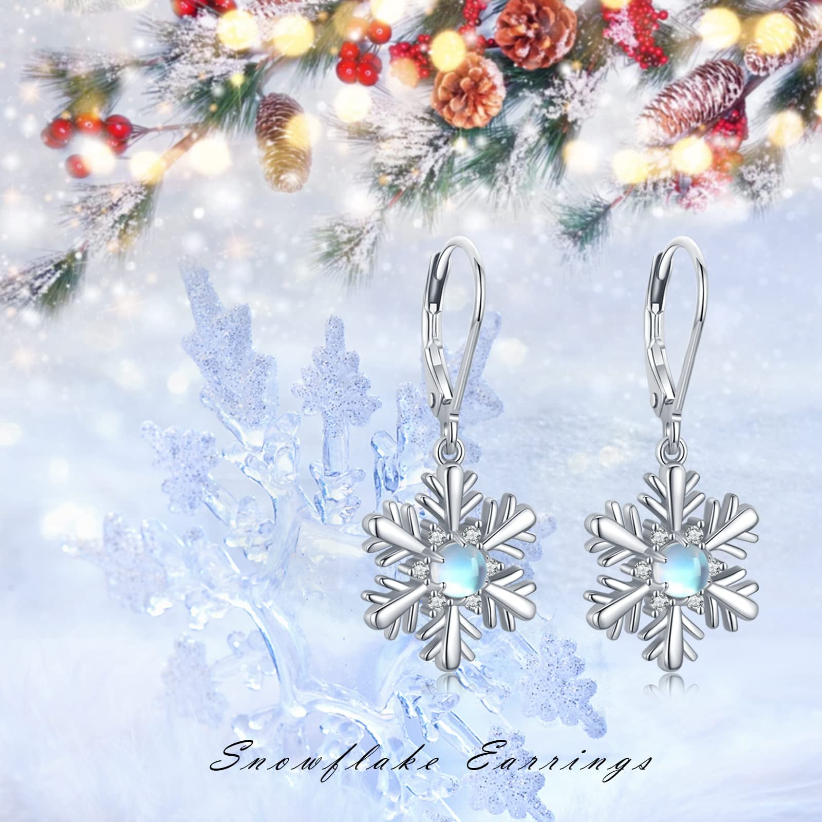 Midir&Etain Snowflake Earrings Moonstone 18K White Glod Plated Christmas Snowflake Best Jewelry Gift Christmas Birthday Day Gift For Her/Wife/Mom