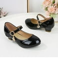 thumbnail image 4 of Xfvqtps Kids Girls Dress Shoes Mary Jane Chunky Low Heels Rhinestone Star Moon Pendant Hook and Loop Solid Color Leather Ballet Performance Wedding Party Dance Casual Princess Shoes Black, 4 of 8